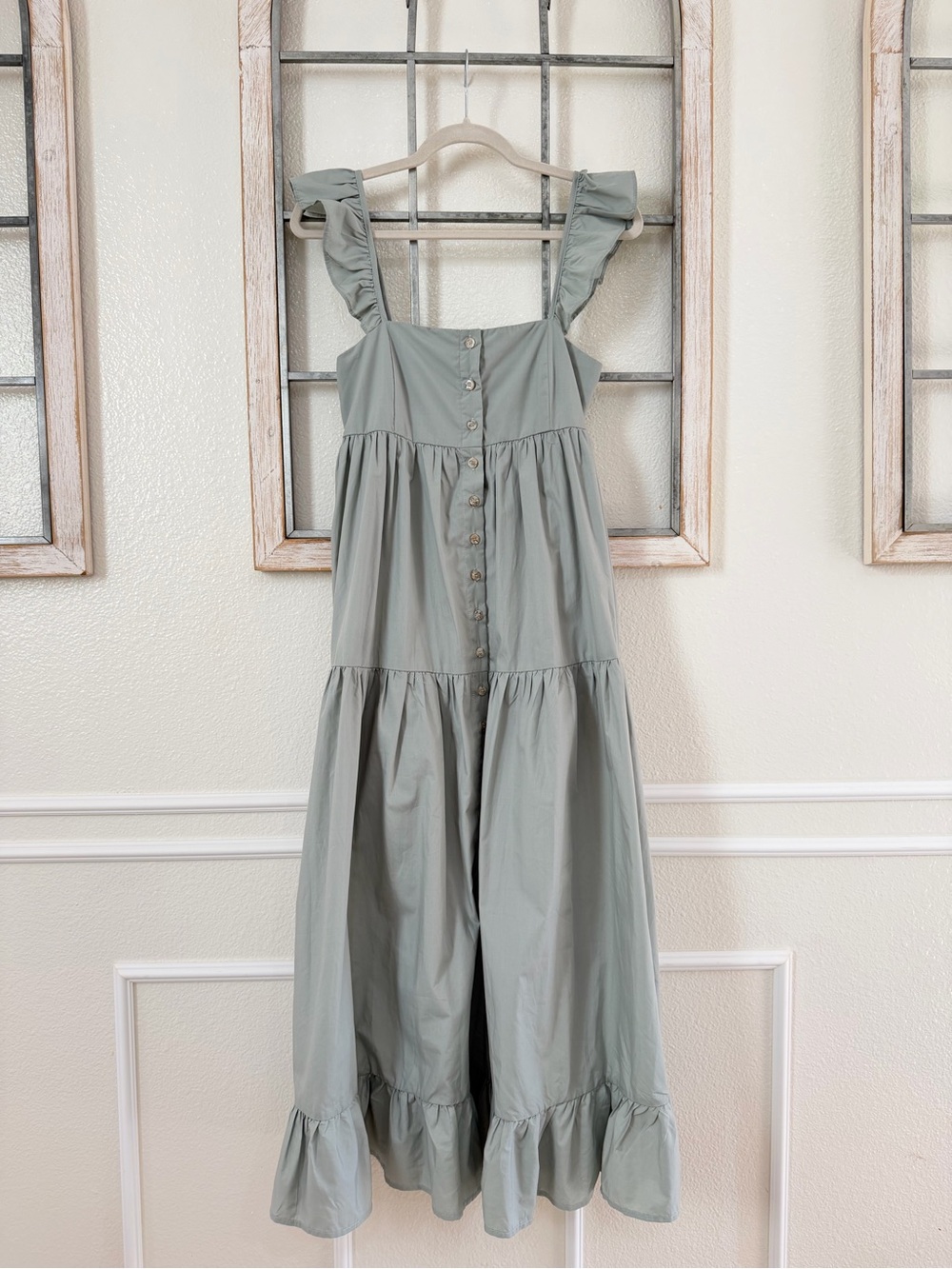 En Saison Sage Ruffle-Shoulder Tiered Jumpsuit